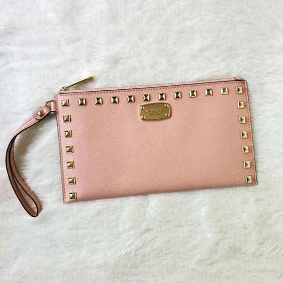 Michael Kors Sandrine Studded Pink Large Zip Clutch Wristlet - Picture 1 of 9
